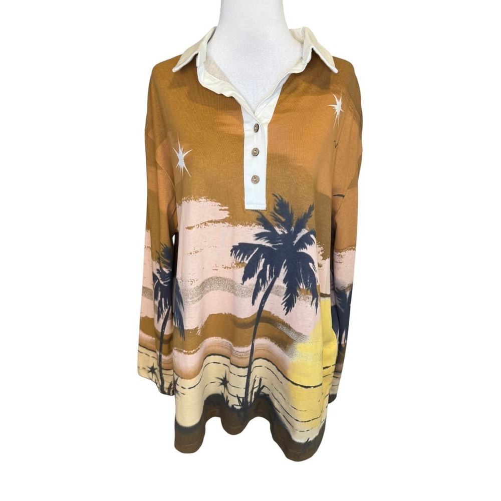 Ascot and Hart Womens XXS Orange Tropical Sunset Palm Tree Rugby Shirt Oversized